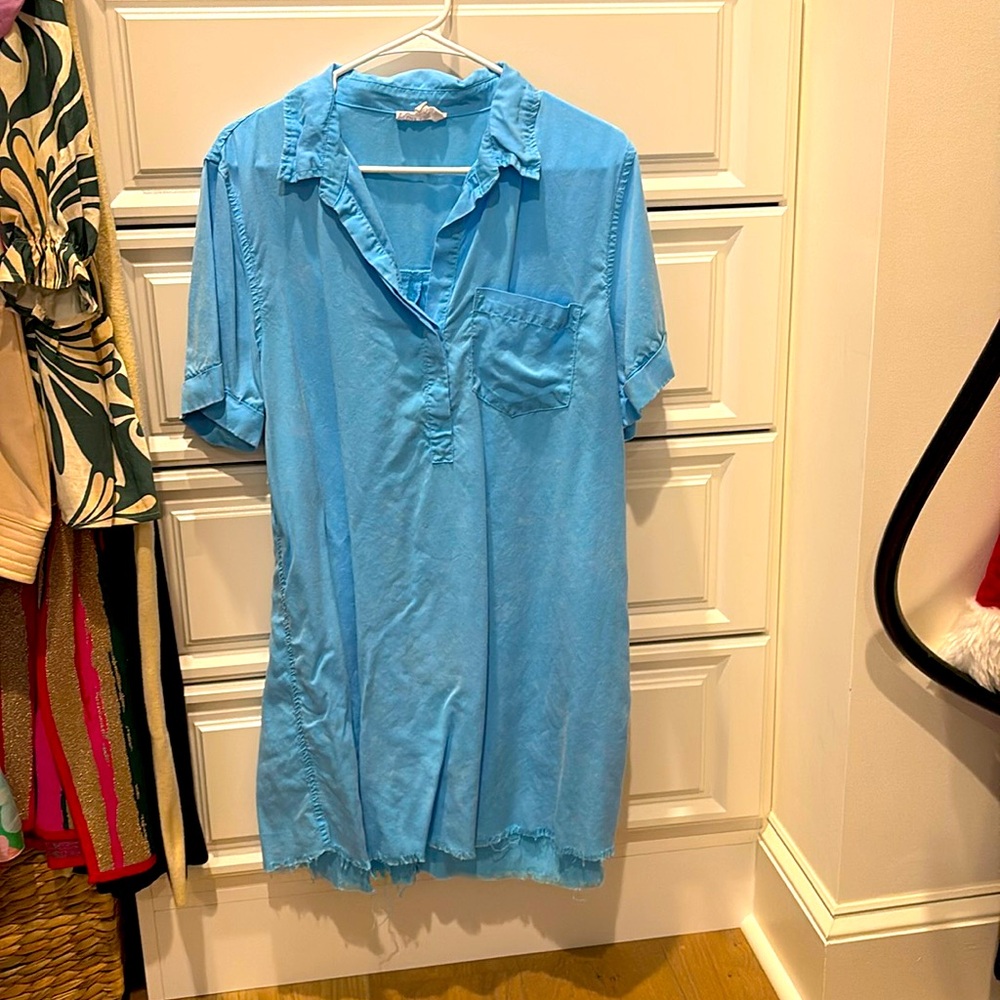 Blue Throw On Dress-Raw Hem